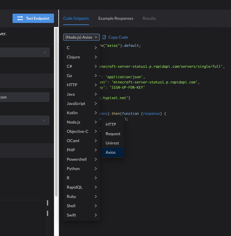 RapidAPI Code Snippets