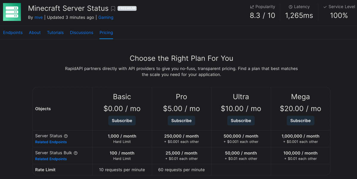 RapidAPI Pricing